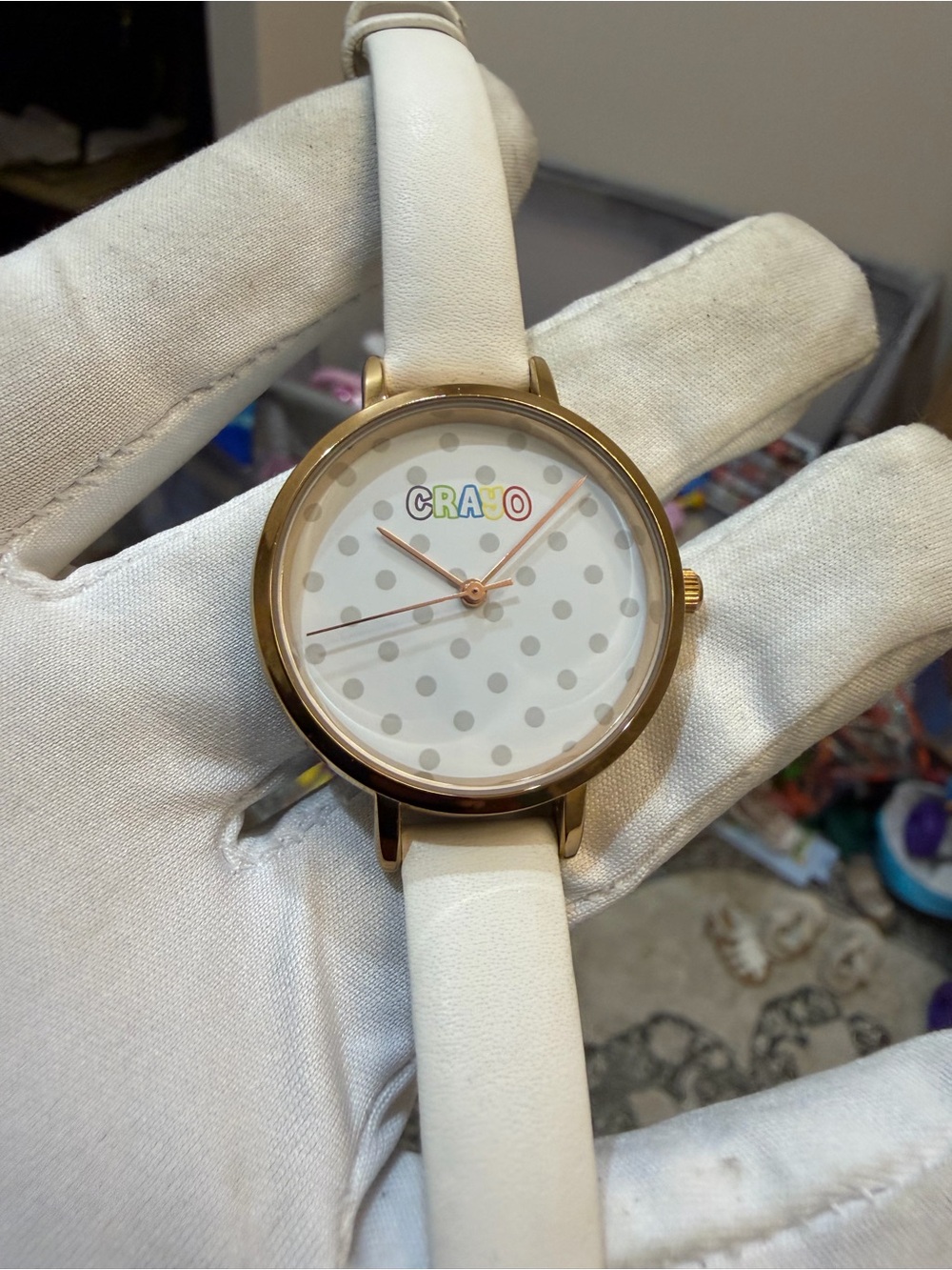 Crayo Dot Quartz Ladies Watch Rose Gold Case White Polka Dot Strap CRACR5905